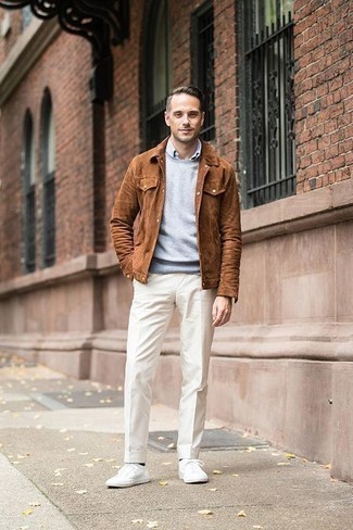 Light Blue Crew-neck Sweater Outfits For Men: For an ensemble that's stylish and envy-worthy, make a light blue crew-neck sweater and white dress pants your outfit choice. For something more on the daring side to finish off this ensemble, grab a pair of white canvas low top sneakers.