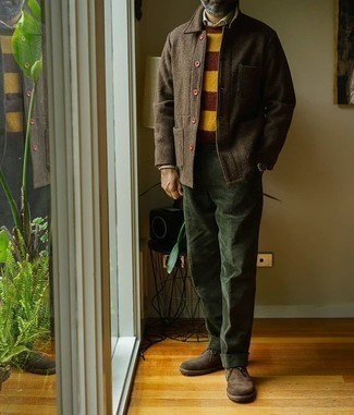 Dark Green Corduroy Dress Pants with Shirt Jacket Fall Outfits For Men  After 50 (2 ideas & outfits)