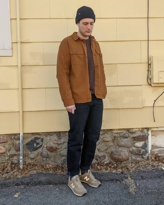 Black Jeans with Brown Sneakers Fall Outfits For Men: For a look that offers comfort and fashion, try teaming a brown shirt jacket with black jeans. Go off the beaten path and spice up your look by rocking a pair of brown sneakers. As you can see, it's super easy to look awesome and stay warm when cooler weather arrives, all thanks to combos like this.