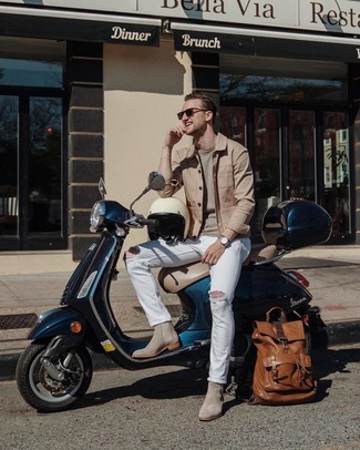 Brown Leather Backpack Outfits For Men: For a casual ensemble with an urban spin, wear a tan shirt jacket and a brown leather backpack. Introduce a pair of grey suede chelsea boots to this ensemble to mix things up.