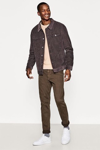 Grey Shirt Jacket Outfits For Men: If you're on a mission for a casual yet stylish ensemble, marry a grey shirt jacket with brown jeans. Get a little creative in the footwear department and introduce a pair of white leather low top sneakers to the mix.