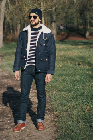 Navy Horizontal Striped Crew-neck Sweater Outfits For Men: Go for a pared down but casually cool ensemble by teaming a navy horizontal striped crew-neck sweater and navy jeans. Add brown leather casual boots to the mix to instantly amp up the style factor of this outfit.