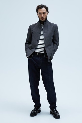 Men's Charcoal Shirt Jacket, White and Navy Horizontal Striped Crew-neck Sweater, Navy Jeans, Black Leather Loafers