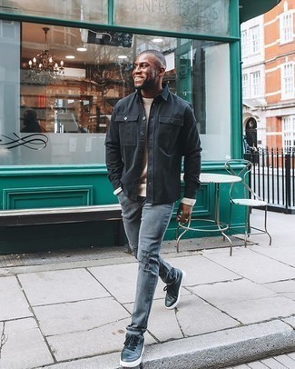 Grey Jeans Outfits For Men: Infuse personality into your day-to-day casual repertoire with a black shirt jacket and grey jeans. Finish your ensemble with a pair of black leather low top sneakers to serve a little mix-and-match magic.