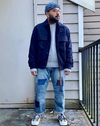 Men's Navy Shirt Jacket, Grey Crew-neck Sweater, Blue Patchwork Jeans, Multi colored Canvas High Top Sneakers
