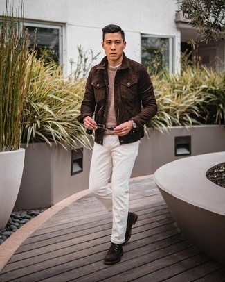 Brown Crew-neck Sweater Outfits For Men: Dapper yet comfortable, this look features a brown crew-neck sweater and white jeans. Dark brown suede casual boots are a surefire way to inject an extra touch of sophistication into this getup.