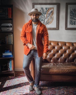 Beige Hat Outfits For Men: Opt for an orange corduroy shirt jacket and a beige hat for a neat and stylish ensemble. Go ahead and throw grey suede loafers in the mix for an extra dose of style.