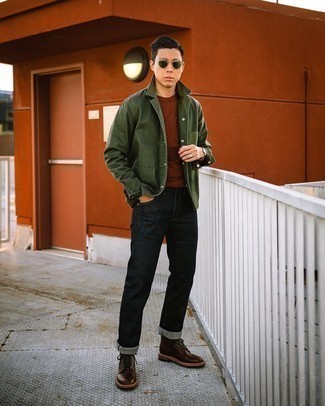 Olive Sunglasses Outfits For Men: We all want practicality when it comes to fashion, and this laid-back combination of a dark green shirt jacket and olive sunglasses is a great example of that. If you feel like dialing it up, add a pair of dark brown leather casual boots to the mix.
