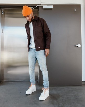 Men's Dark Brown Shirt Jacket, White Crew-neck Sweater, Light Blue Jeans, White Canvas High Top Sneakers
