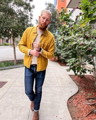 Men's Mustard Shirt Jacket, Beige Crew-neck Sweater, Navy Jeans, Brown Leather Casual Boots