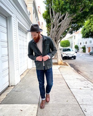 Charcoal Wool Hat Outfits For Men: A dark green shirt jacket and a charcoal wool hat are great menswear must-haves to add to your current casual repertoire. To add a little fanciness to your outfit, complement this ensemble with a pair of brown leather casual boots.