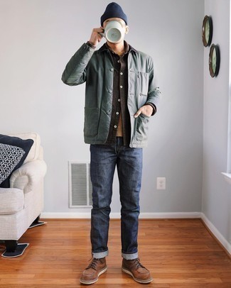 Dark Brown Wool Long Sleeve Shirt Outfits For Men: This laid-back combination of a dark brown wool long sleeve shirt and navy jeans is a lifesaver when you need to look cool but have no extra time to pull together an ensemble. For a more polished touch, why not finish with a pair of brown leather casual boots?