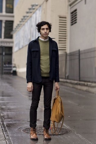 Beige Canvas Backpack Outfits For Men: This off-duty combo of a navy shirt jacket and a beige canvas backpack is effortless, on-trend and extremely easy to copy. Tan leather casual boots will give a hint of refinement to an otherwise utilitarian outfit.