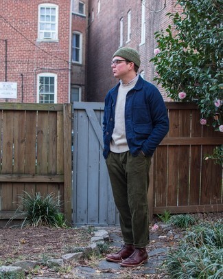 Olive Corduroy Chinos Chill Weather Outfits: This pairing of a blue shirt jacket and olive corduroy chinos might pack a punch, but it's super easy to replicate too. The whole ensemble comes together quite nicely if you opt for burgundy leather casual boots.