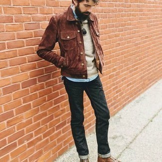 Charcoal Jeans Outfits For Men: Pair a brown suede shirt jacket with charcoal jeans for comfort dressing with a twist. Throw brown leather casual boots in the mix and the whole getup will come together perfectly.