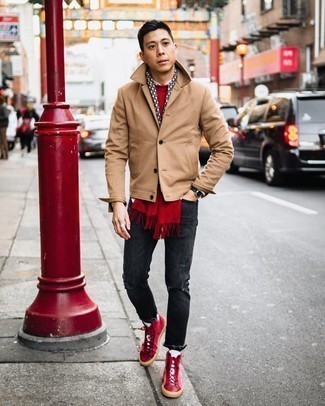 Men's Tan Shirt Jacket, Red Crew-neck Sweater, White Long Sleeve Shirt, Charcoal Ripped Jeans