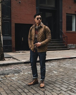 Brown Canvas Backpack Outfits For Men: If you gravitate towards comfort dressing, why not take this combination of a brown quilted shirt jacket and a brown canvas backpack for a spin? Don't know how to complement this ensemble? Rock a pair of brown leather casual boots to dial up the style factor.