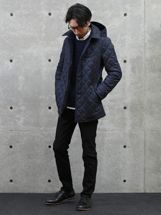 Men's Navy Quilted Shirt Jacket, Navy Crew-neck Sweater, White Long Sleeve Shirt, Black Chinos