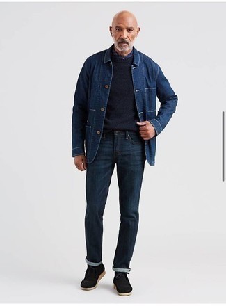 Black Suede Desert Boots Outfits: This casual pairing of a navy denim shirt jacket and navy jeans is a real life saver when you need to look great but have zero time. The whole outfit comes together if you make black suede desert boots your footwear choice.