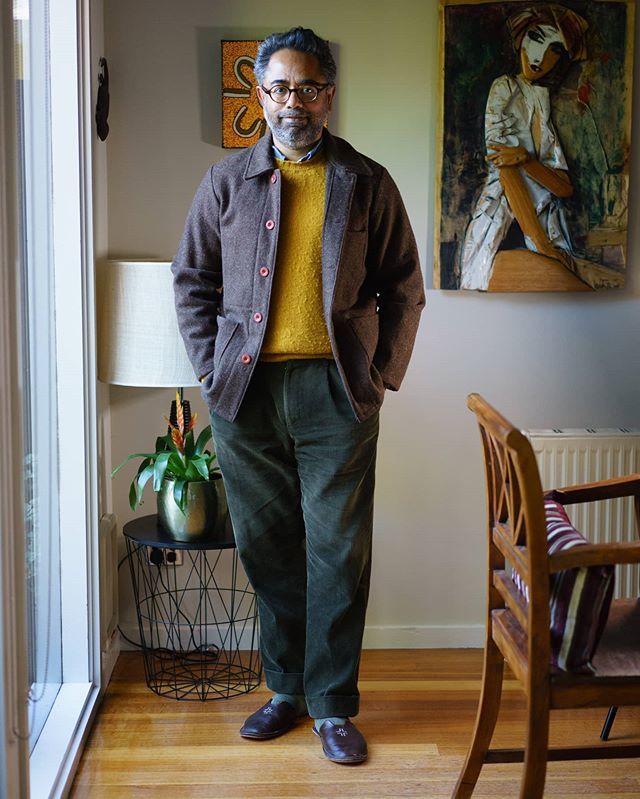 Men's Dark Brown Wool Shirt Jacket, Mustard Crew-neck Sweater, Light Blue  Long Sleeve Shirt, Dark Green Corduroy Chinos