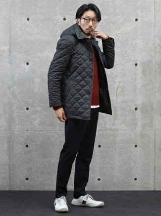 Charcoal Quilted Shirt Jacket Outfits For Men: This off-duty pairing of a charcoal quilted shirt jacket and black chinos is ideal if you need to go about your day with confidence in your ensemble. Let your styling savvy really shine by complementing this look with white print canvas low top sneakers.