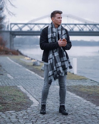Grey Skinny Jeans Outfits For Men: Wear a black shirt jacket with grey skinny jeans to assemble a casually dapper outfit. Here's how to breathe an extra dose of polish into this look: black leather casual boots.