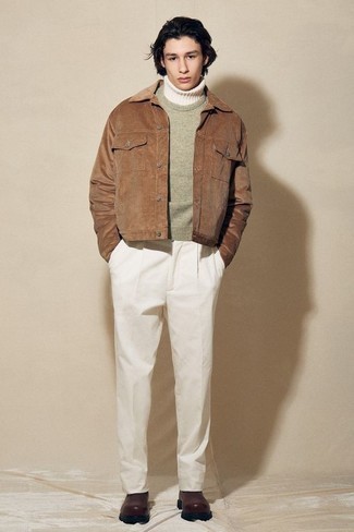 Brown Corduroy Shirt Jacket Outfits For Men: Boost your styling game by marrying a brown corduroy shirt jacket and white chinos. Feeling transgressive? Switch things up by rocking dark brown leather chelsea boots.