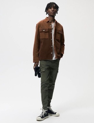 Olive Cargo Pants Outfits: Go for a simple but at the same time casual and cool option in a brown corduroy shirt jacket and olive cargo pants. Complete your look with a pair of black and white canvas high top sneakers to keep the ensemble fresh.