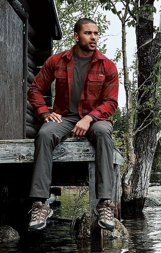Red Plaid Shirt Jacket Outfits For Men: Why not wear a red plaid shirt jacket and charcoal cargo pants? As well as totally functional, these two pieces look amazing teamed together. For a more casual aesthetic, why not add beige canvas work boots?