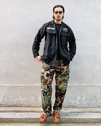 Logo Embellished Camouflage Print Cotton Twill Cargo Trousers