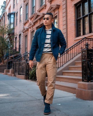 Navy Suede Casual Boots Outfits For Men: To assemble a laid-back outfit with a modernized spin, go for a navy shirt jacket and khaki cargo pants. If you want to effortlessly lift up this ensemble with a pair of shoes, add navy suede casual boots to the mix.