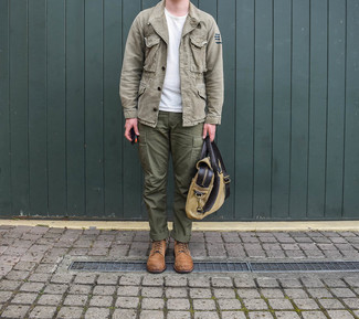 Men's Tan Shirt Jacket, White Crew-neck T-shirt, Olive Cargo Pants, Brown Suede Casual Boots
