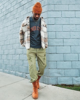 Orange Beanie Outfits For Men: A white plaid shirt jacket and an orange beanie are a wonderful combination to have in your daily styling repertoire. Orange suede casual boots are guaranteed to breathe an extra dose of polish into your ensemble.