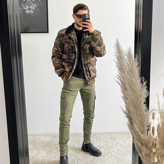 Brown Camouflage Shirt Jacket Outfits For Men: The ideal foundation for casual style? A brown camouflage shirt jacket with olive cargo pants. Why not introduce black leather chelsea boots to this ensemble for an air of elegance?