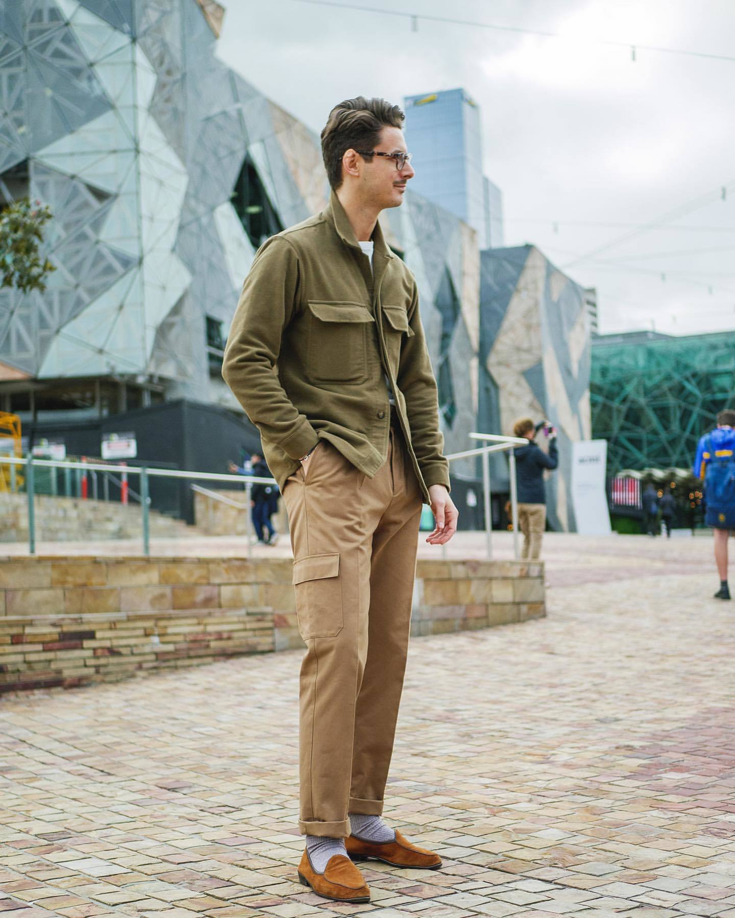 Mens spring summer autumn outfit with black plain sunglasses white  outerwear white whole pattern tshirt beige plain cargo pants brown bit  loafers leather shoes  OTOKOMAE