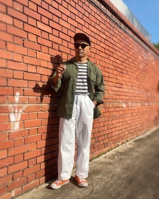 Men's Olive Shirt Jacket, White and Black Horizontal Striped Crew-neck T-shirt, White Chinos, Orange Canvas Low Top Sneakers