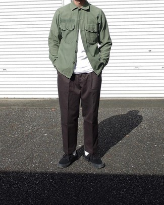 Men's Olive Shirt Jacket, White Crew-neck T-shirt, Dark Brown Chinos, Black Canvas Low Top Sneakers