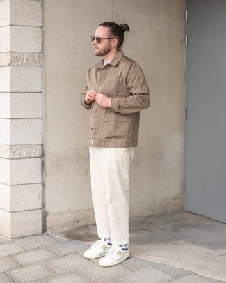 Dark Brown Sunglasses Outfits For Men: Teaming a tan shirt jacket with dark brown sunglasses is an amazing choice for a laid-back yet dapper ensemble. White leather low top sneakers are a guaranteed way to inject a hint of polish into your outfit.