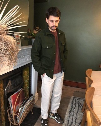 Dark Green Shirt Jacket Outfits For Men: This combo of a dark green shirt jacket and white chinos looks elegant, but in a cool kind of way. Finishing with dark brown athletic shoes is a simple way to bring a dose of stylish nonchalance to your outfit.