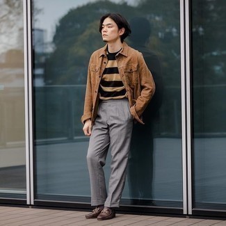 Men's Brown Suede Shirt Jacket, Tan Horizontal Striped Crew-neck T-shirt, Grey Chinos, Dark Brown Leather Loafers