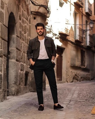 Dark Brown Suede Tassel Loafers Outfits: Putting together a dark brown shirt jacket and black chinos is a fail-safe way to infuse personality into your styling repertoire. On the fence about how to complete this getup? Rock dark brown suede tassel loafers to kick it up.