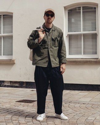 Men's Olive Shirt Jacket, Black Crew-neck T-shirt, Navy Chinos, White Canvas Low Top Sneakers