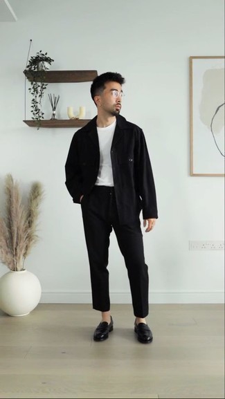 Black Shirt Jacket Outfits For Men: Pair a black shirt jacket with black chinos to assemble a casually stylish and modern-looking outfit. Feeling transgressive today? Jazz things up by sporting black leather loafers.