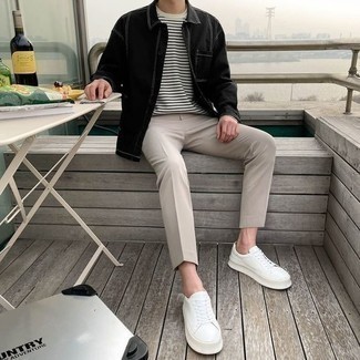 White and Black Horizontal Striped Crew-neck T-shirt Outfits For Men: A white and black horizontal striped crew-neck t-shirt looks so good when teamed with grey chinos. A great pair of white leather low top sneakers pulls this outfit together.