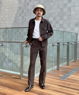Dark Brown Chinos Outfits: This combination of a dark brown shirt jacket and dark brown chinos is hard proof that a straightforward ensemble doesn't have to be boring. Complement this outfit with a pair of dark brown leather chelsea boots to completely change up the look.