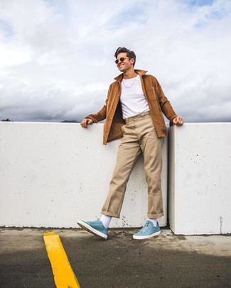 Aquamarine Leather High Top Sneakers Outfits For Men: A brown suede shirt jacket and beige chinos married together are a good match. Balance this outfit with more relaxed shoes, such as these aquamarine leather high top sneakers.