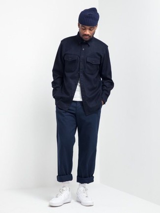 Men's Navy Shirt Jacket, White Crew-neck T-shirt, Navy Chinos, White Leather Low Top Sneakers