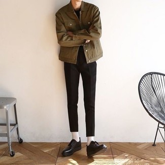 Men's Brown Shirt Jacket, Black Crew-neck T-shirt, Black Chinos, Black Chunky Leather Derby Shoes