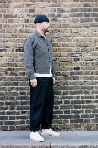 Men's Grey Shirt Jacket, White Crew-neck T-shirt, Navy Chinos, White Canvas High Top Sneakers