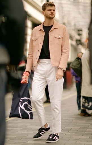 Men's Pink Shirt Jacket, Black Crew-neck T-shirt, White Chinos, Black and White Suede Low Top Sneakers